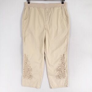 Chicos Pants Womens 2 US L 12 Beige Khaki Crop Stretch Pull On Eyelets Boho